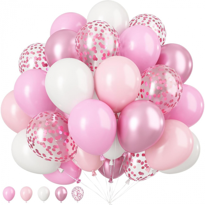 Set 16 Baloane din Latex Metalizate, Flippy, Model Party, 30 cm, Alb, Roz, Roz Chrome, Transparent Confetti 2.8 g [1]
