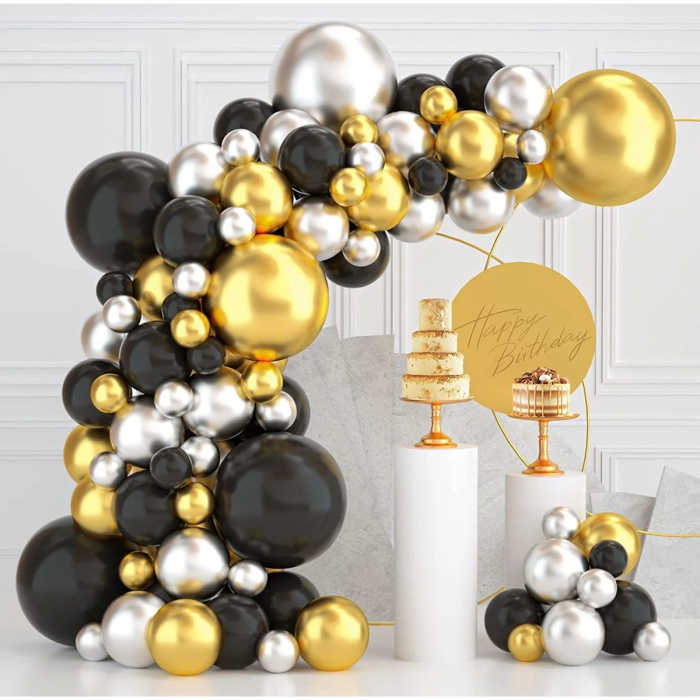 Set 163 Baloane din Latex, Flippy, Model Petrecere pentru Arcada, Baloane Party, 12 cm, 30 cm, 45 cm, Negru, Auriu, Alb [1]
