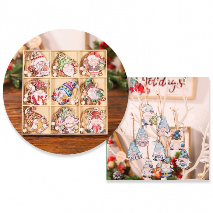 Set 18 Decoratiuni de Craciun din Lemn, Flippy, cu Snur pentru Agatare in Brad, Model Gnomi, Diferite Dimensiuni, Albastru [5]