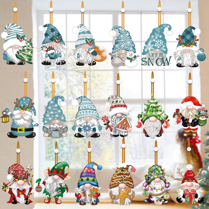 Set 18 Decoratiuni de Craciun din Lemn, Flippy, cu Snur pentru Agatare in Brad, Model Gnomi, Diferite Dimensiuni, Albastru [10]
