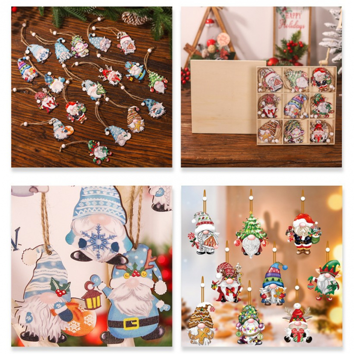 Set 18 Decoratiuni de Craciun din Lemn, Flippy, cu Snur pentru Agatare in Brad, Model Gnomi, Diferite Dimensiuni, Multicolor [3]