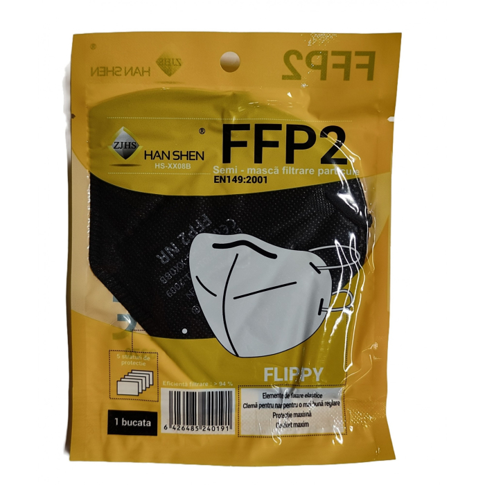 Set 2 bucati Masca de protectie faciala, Flippy, de unica folosinta pentru adulti, FFP2, KN95 CE 0370, 5 straturi, nesterila, ambalaj individual, Negru [5]