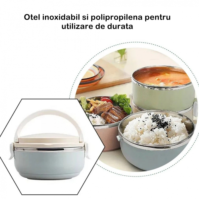 Set 2 Caserole pentru alimente Flippy, lunch box, 1400 ml, otel inoxidabil, maner, valva aerisire, 15.5 x 15 cm, inchidere etansa, multicolor [2]
