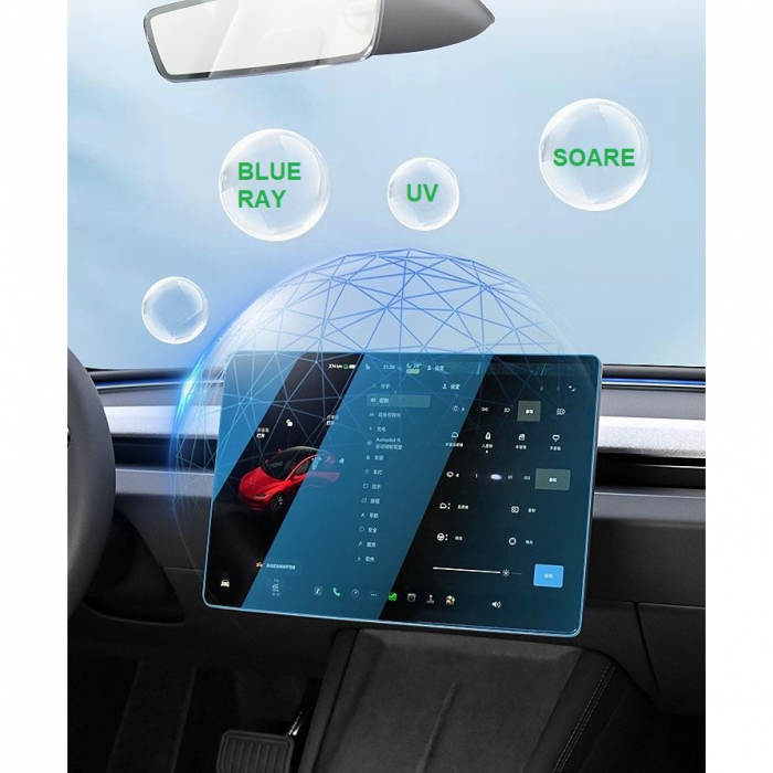 Set 2 Folii de Sticla Securizata, Flippy, Compatibila cu Tesla Model 3 / Tesla Model Y, Ecran Frontal si Spate, Anti Blue-Ray, 4K Ultra HD, Anti-amprenta, 2.5D, Transparent [6]