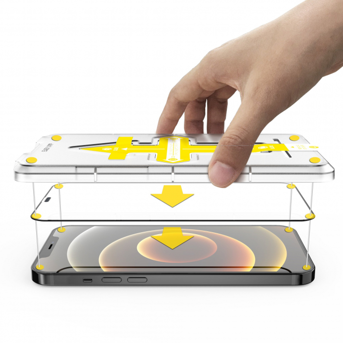 Set 2 folii sticla securizata cu sistem de montare usor si rapid Full Cover 3D Flippy compatibila cu Apple iPhone 12 Pro Max Negru [2]