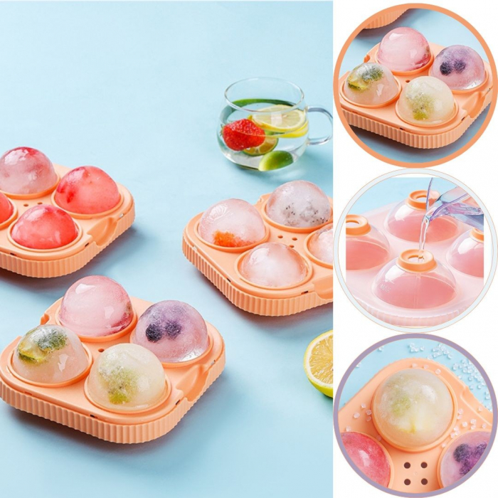 Set 2 forme sfere de gheata pentru wiskey si cocktail-uri Flippy, 4 sfere, material plastic/silicon alimentar, diametru 6.5 cm, cu orificiu tip palnie pentru umplere, 17 x 17 x 7 cm, multicolor [2]