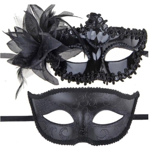 Set 2 Masti de Cuplu, Flippy, pentru Carnaval, Bal Mascat, Marime Universala, Model Floare Laterala si Margele, Model Clasic, Negru-Gri - Copie [1]