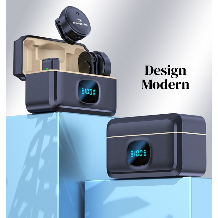 Set 2 Microfoane Profesionale Lavaliere, Flippy, Type C cu Adaptoare iPh si USB 3.0, Casca montorizare, Cutie incarcare rapida, Functie Anulare zgomot ambiant [2]