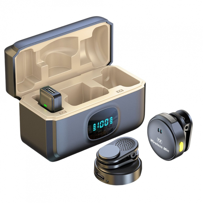 Set 2 Microfoane Profesionale Lavaliere, Flippy, Type C cu Adaptoare iPh si USB 3.0, Casca montorizare, Cutie incarcare rapida, Functie Anulare zgomot ambiant [1]