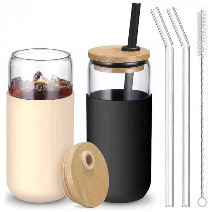 Set 2 Pahare din Sticla Termoizolante Transparente, Flippy, Capace si Paie Incluse, 500 mL, Silicon Negru si Crem [5]