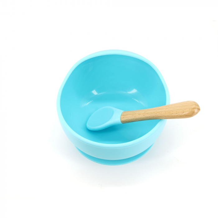 Set 2 piese diversificare bebelusi si copii din silicon Flippy, bol cu ventuza, lingurita din lemn si silicon, pentru gustari, fara alergeni, albastru [2]