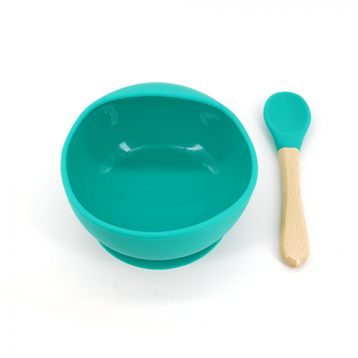 Set 2 piese diversificare bebelusi si copii din silicon Flippy, bol cu ventuza, lingurita din lemn si silicon, pentru gustari, fara alergeni, verde [1]
