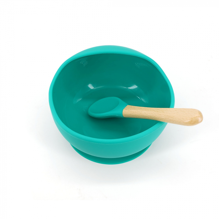 Set 2 piese diversificare bebelusi si copii din silicon Flippy, bol cu ventuza, lingurita din lemn si silicon, pentru gustari, fara alergeni, verde [2]