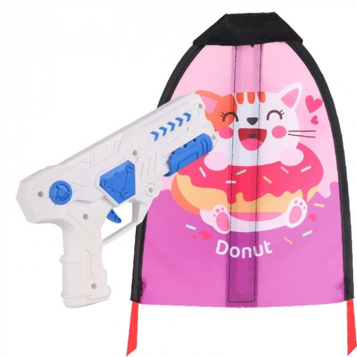 Set 2 Piese Jucarie Interactiva, Flippy, Pistol de Catapultare + Zmeu, din Plastic si Panza, +8 Ani, Impermeabil, Model Pisicuta cu Gogoasa, Multicolor [1]