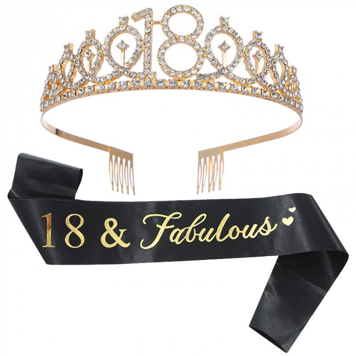 Set 2 Piese pentru Majorat, Flippy, 15 x 13 x 5 cm, Coronita Printesa Gold si Panglica 18&amp;Fabulous, Negru [1]