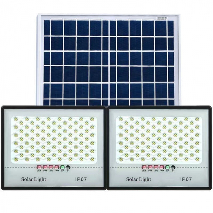 Set 2 proiectoare LED cu Panou Solar Flippy, Senzor de miscare, Telecomanda, Waterproof, 200 LED-uri incorporate, 65W, 24x18 cm, IP67, Design Modern, Negru [1]