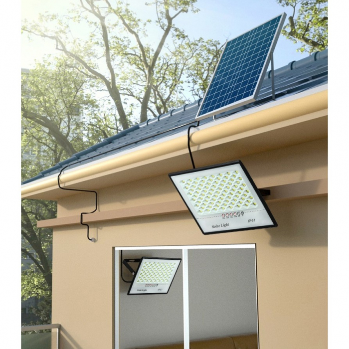 Set 2 proiectoare LED cu Panou Solar Flippy, Senzor de miscare, Telecomanda, Waterproof, 200 LED-uri incorporate, 65W, 24x18 cm, IP67, Design Modern, Negru [2]