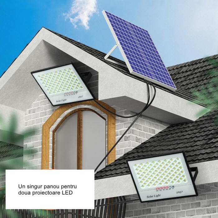 Set 2 proiectoare LED cu Panou Solar Flippy, Senzor de miscare, Telecomanda, Waterproof, 200 LED-uri incorporate, 65W, 24x18 cm, IP67, Design Modern, Negru [4]