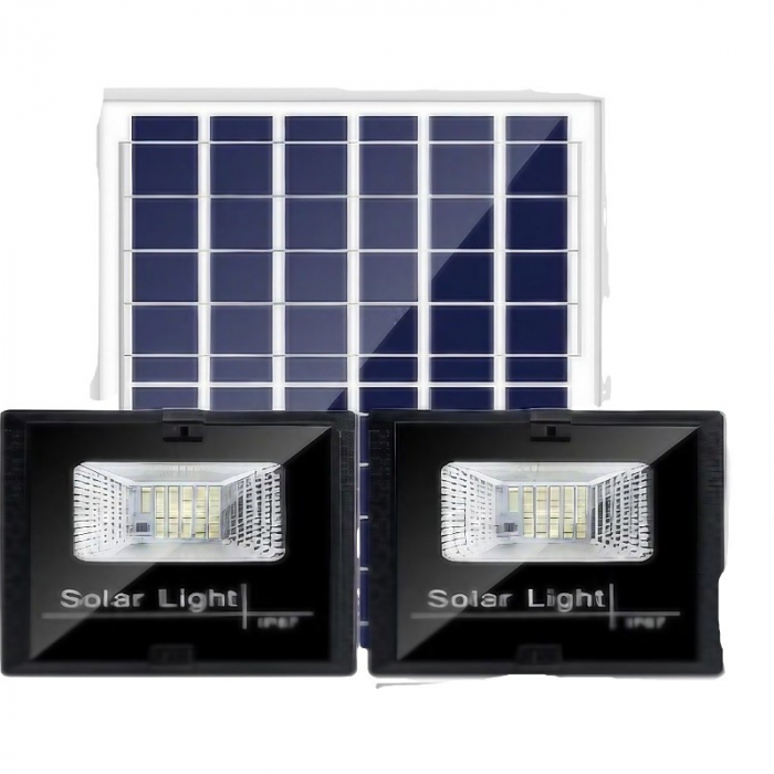 Set 2 proiectoare LED SMD 30W cu incarcare solara Flippy, panou solar, cu telecomanda, suport prindere, material ABS, 1.2AH, 200LED-uri, 13x13.5 cm, negru [2]