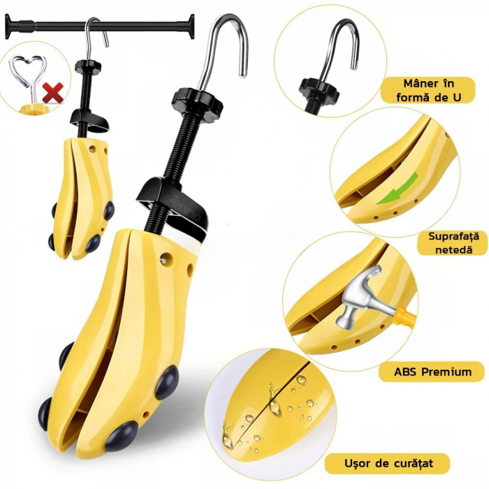 Set 2 Sanuri/Calapoade Reglabilile, Flippy, pentru Alungit si Largit Pantofi, Geanta si Incaltator Incluse, Universale, Unisex, din ABS Premium, Arc, Marime 40 - 47, Galben/Negru [5]