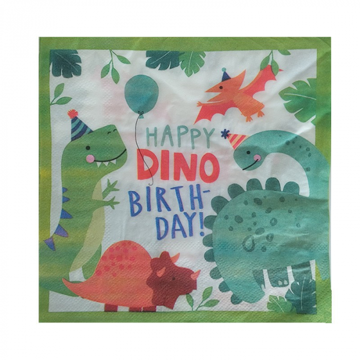 Set 20 de Servetele de Masa Happy Birthday, Flippy, Model Dinozauri, Tematica Aniversare, 33x33 cm, Verde [1]