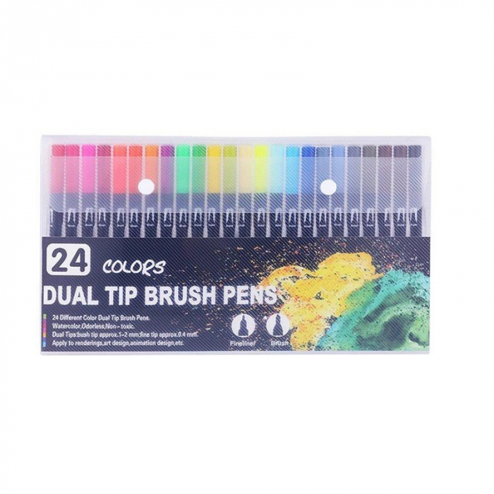 Set 24 Carioci, Flippy, pe Baza de Apa, 2 Tipuri de Varf, 1-2 mm, 0.4 mm, Corp Carioca Negru, din Plastic, Multicolor [1]