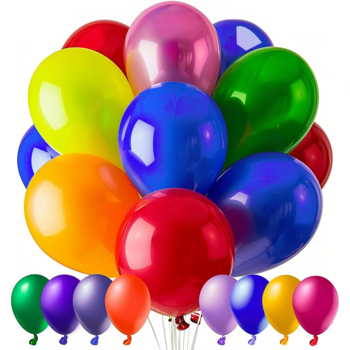 Set 25 Baloane din Latex, Flippy, Model Party, 4x Albastru, 4x Verde, 4x Rosu, 4x Galben, 4x Mov, 5x Portocaliu, 23 cm, 1.4 g [1]