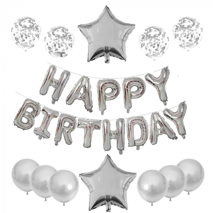 Set 25 de Baloane din Folie Metalizata si Latex, Flippy, Figurine 2 Stele, 4 Baloane Confetti, 13 Litere, 6 Latex, Model Happy Birthday, Tema Aniversare, 40 cm, Ambalaj Individual, Pai Inclus, Umflare [2]