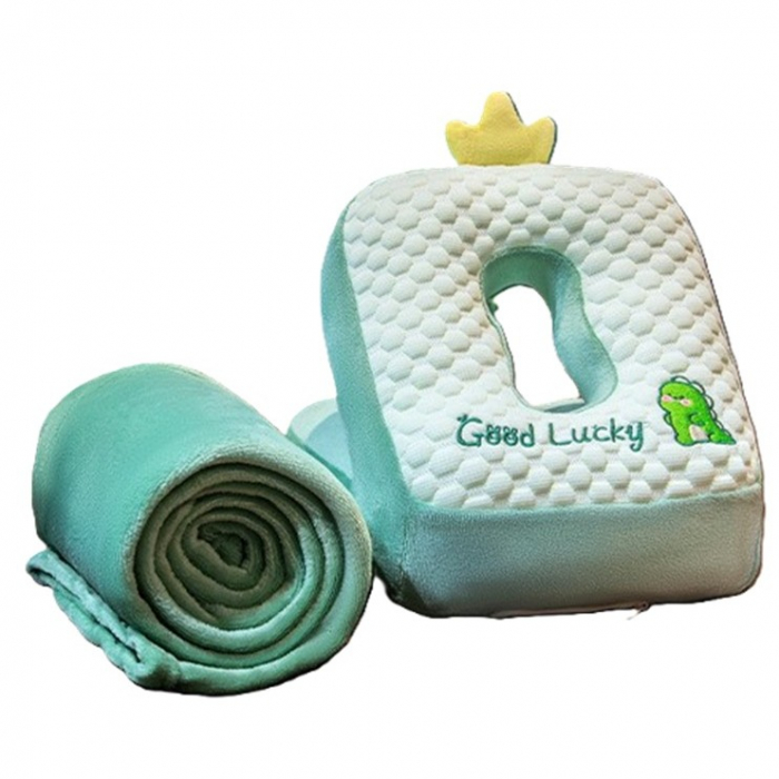 Set 2in1 Patura Microfibra si Perna din Spuma, Flippy, pentru Birou, Calatorii, Pauze, Model Dinozaur, Microfibra, 1x1.7 m, 30x35x30 cm, Verde [1]
