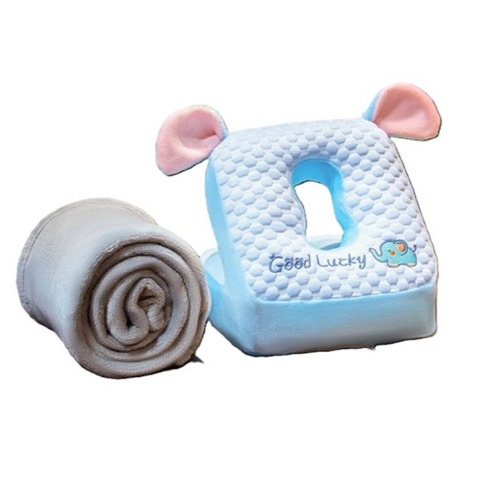 Set 2in1 Patura Microfibra si Perna din Spuma, Flippy, pentru Birou, Calatorii, Pauze, Model Elefant, Microfibra, 1x1.7 m, 30x35x30 cm, Albastru [1]