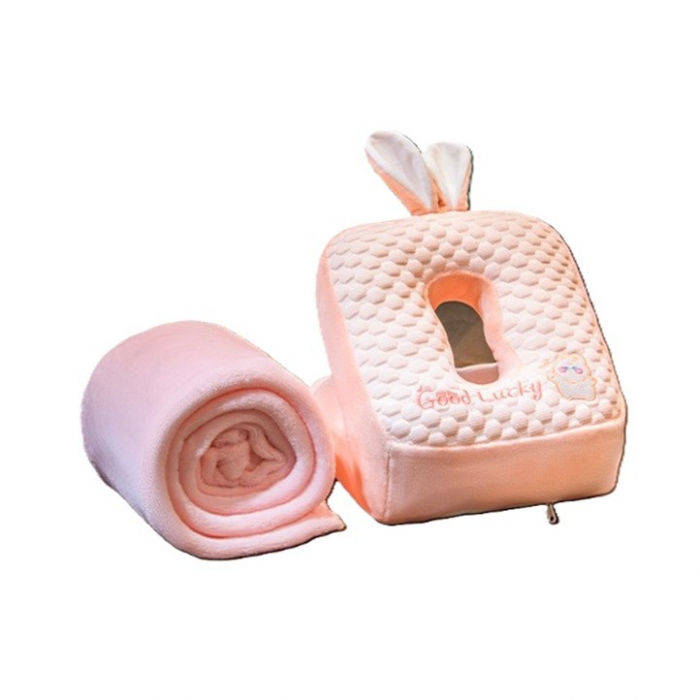 Set 2in1 Patura Microfibra si Perna din Spuma, Flippy, pentru Birou, Calatorii, Pauze, Model Iepuras, Microfibra, 1x1.7 m, 30x35x30 cm, Roz [1]