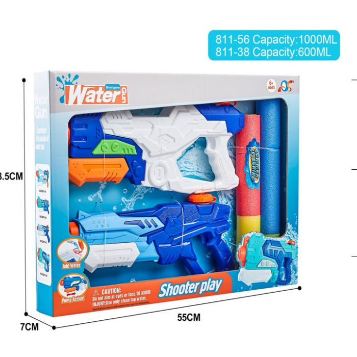 Set 2x Pistol cu Apa pentru Copii, Rezervor, Pentru Piscina/Plaja, Flippy, 6ani+, Alb/Albastru + Albastru, 1000 ML + 600 ML [2]