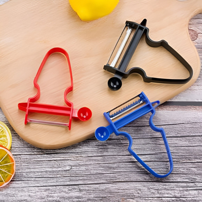 Set 3 Accesorii de Decojire, Razuire si Feliere, Flippy, pentru Legume si Fructe, Negru-Rosu-Albastru [8]