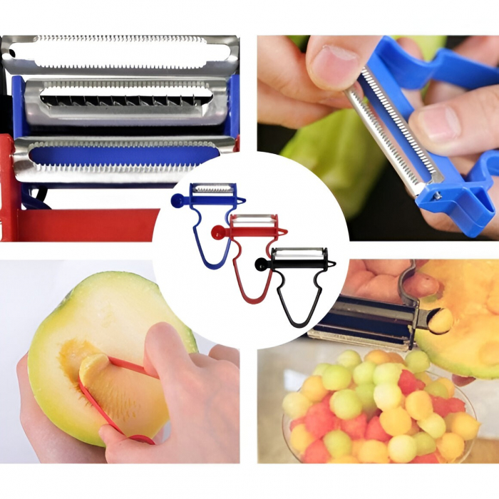 Set 3 Accesorii de Decojire, Razuire si Feliere, Flippy, pentru Legume si Fructe, Negru-Rosu-Albastru [5]