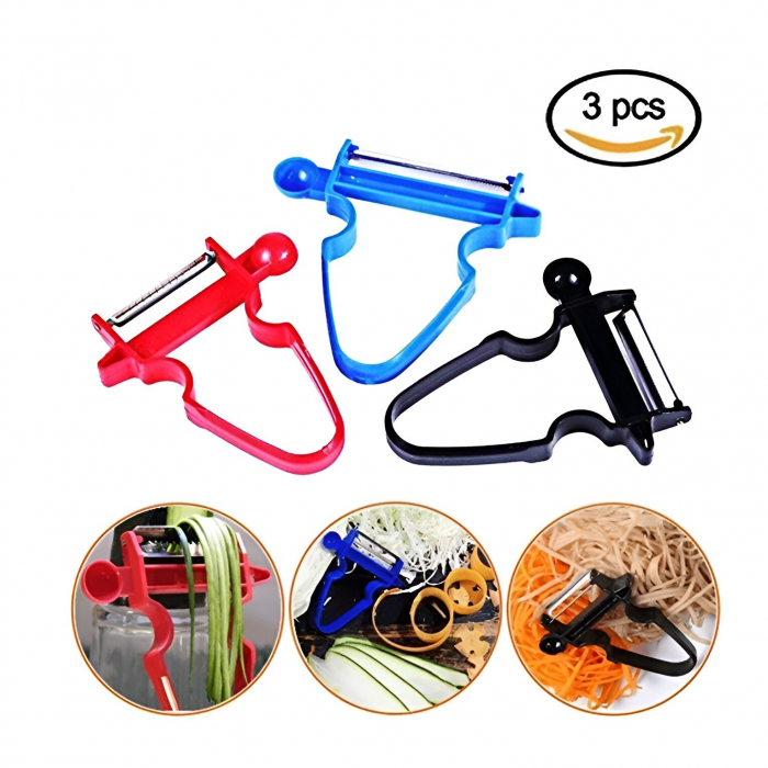 Set 3 Accesorii de Decojire, Razuire si Feliere, Flippy, pentru Legume si Fructe, Negru-Rosu-Albastru [3]