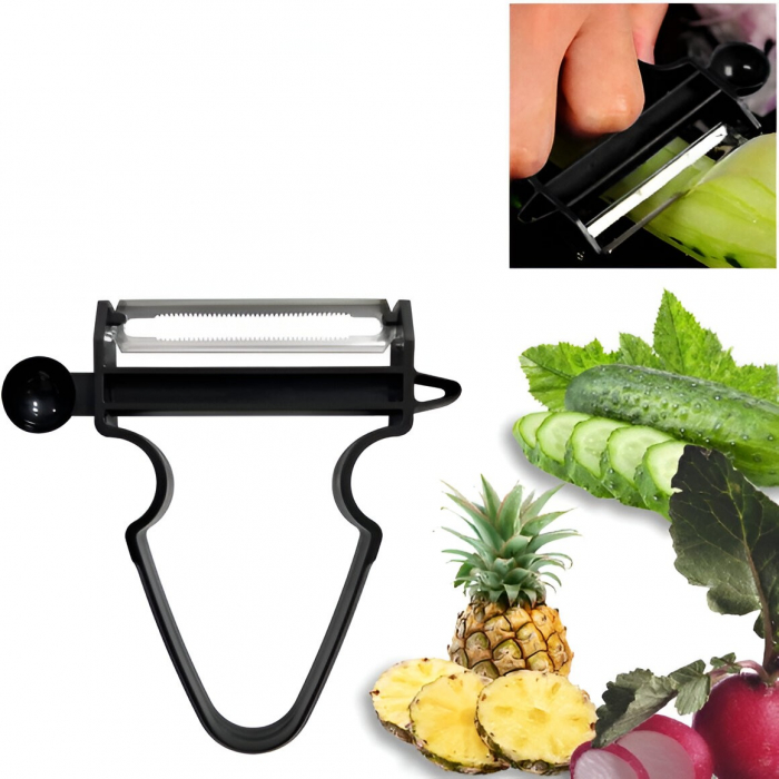 Set 3 Accesorii de Decojire, Razuire si Feliere, Flippy, pentru Legume si Fructe, Negru-Rosu-Albastru [9]
