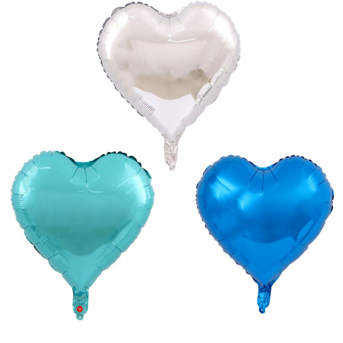 Set 3 Baloane din Folie Metalizata, Flippy, Figurina Inima, Tema Ziua Indragostitilor, 45 cm, Ambalaj Individual, Pai Inclus, Umflare cu Aer sau Heliu, Albastru/Argintiu [1]