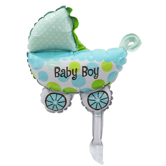 Set 3 Baloane din Folie Metalizata, Flippy, Figurine Carucior, Inima, Fundita, Tema Botez, 45 cm, Ambalaj Individual, Pai Inclus, Umflare cu Aer sau Heliu, Albastru [2]