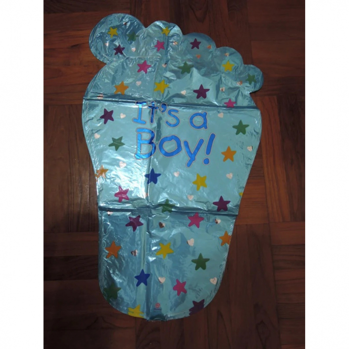 Set 3 Baloane din Folie Metalizata, Flippy, Figurine Picior 46x79 cm, Inima 45cm, Stea 45cm, Model It&#039;s a Boy, Tema Gender Reveal, Ambalaj Individual, Pai Inclus, Umflare cu Aer sau Heliu, Albast [8]