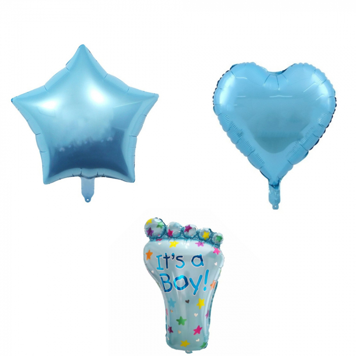 Set 3 Baloane din Folie Metalizata, Flippy, Figurine Picior 46x79 cm, Inima 45cm, Stea 45cm, Model It&#039;s a Boy, Tema Gender Reveal, Ambalaj Individual, Pai Inclus, Umflare cu Aer sau Heliu, Albast [1]