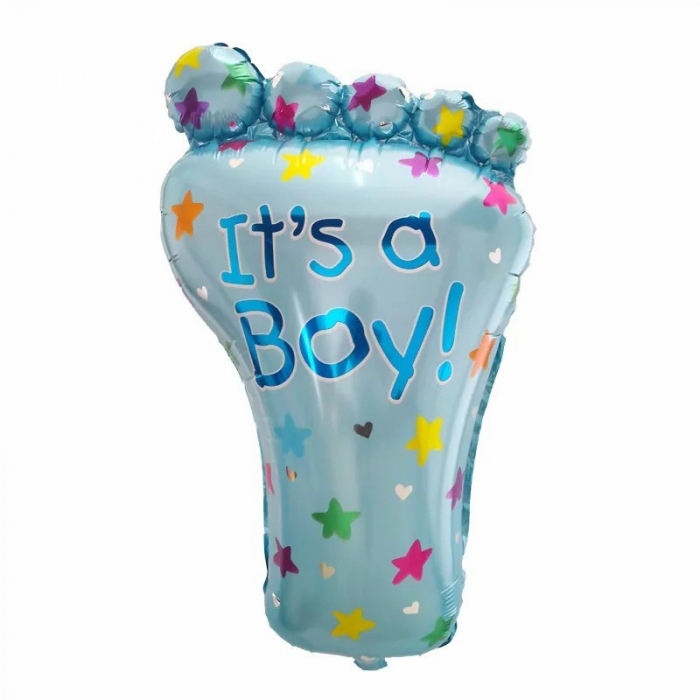 Set 3 Baloane din Folie Metalizata, Flippy, Figurine Picior 46x79 cm, Inima 45cm, Stea 45cm, Model It&#039;s a Boy, Tema Gender Reveal, Ambalaj Individual, Pai Inclus, Umflare cu Aer sau Heliu, Albast [4]