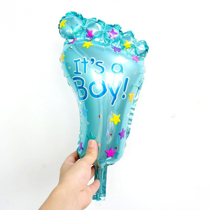 Set 3 Baloane din Folie Metalizata, Flippy, Figurine Picior 46x79 cm, Inima 45cm, Stea 45cm, Model It&#039;s a Boy, Tema Gender Reveal, Ambalaj Individual, Pai Inclus, Umflare cu Aer sau Heliu, Albast [7]