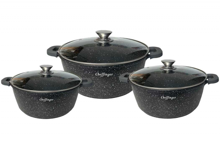 Set 3 cratite cu capac CF-DCS02, acoperire din marmura,32-36-40cm/8.6L-13.2L-17L,anti lipire [1]