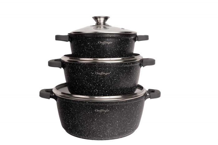 Set 3 cratite cu capac CF-DCS02, acoperire din marmura,32-36-40cm/8.6L-13.2L-17L,anti lipire [2]