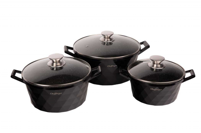 Set 3 cratite cu capac CF-DIAC03-BLK, acoperire din marmura,20-24-28cm/2L-3.5L-5.7L, anti lipre [3]