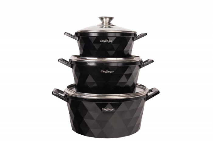 Set 3 cratite cu capac CF-DIAC03-BLK, acoperire din marmura,20-24-28cm/2L-3.5L-5.7L, anti lipre [2]