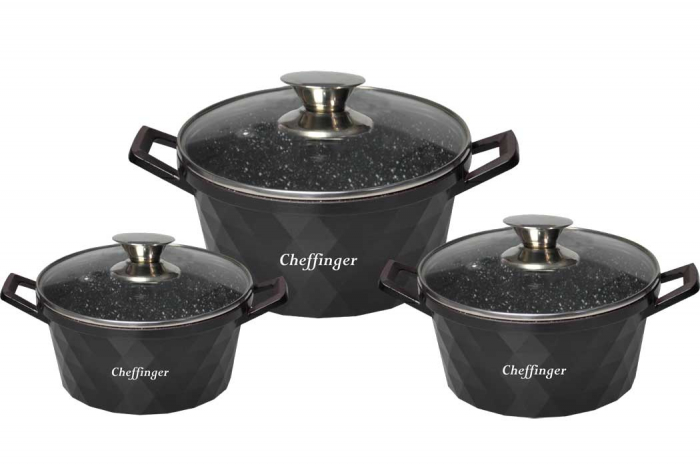 Set 3 cratite cu capac CF-DIAC03-BLK, acoperire din marmura,20-24-28cm/2L-3.5L-5.7L, anti lipre [1]