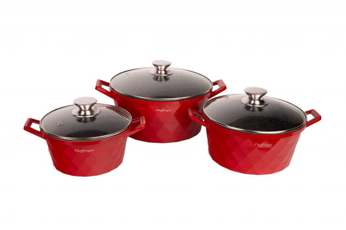 Set 3 cratite cu capac CF-DIAC03-RED, acoperire din marmura,20-24-28cm/2L-3.5L-5.7L, anti lipre [3]