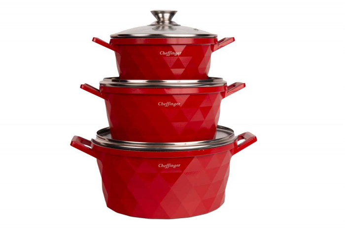 Set 3 cratite cu capac CF-DIAC03-RED, acoperire din marmura,20-24-28cm/2L-3.5L-5.7L, anti lipre [2]