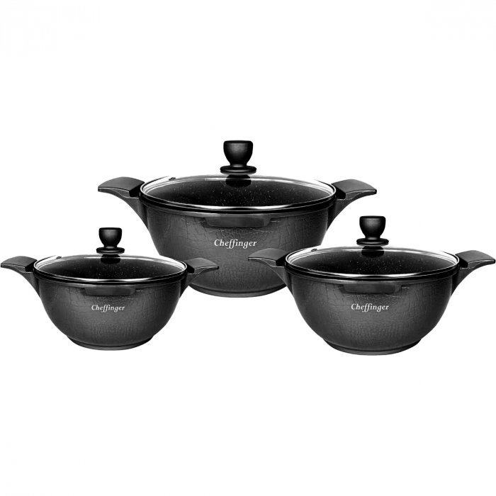 Set 3 cratite cu capac CF-LC01-BLK, acoperire din marmura, 20-24-28cm/2L-3.5L-5.7L, anti lipre [1]